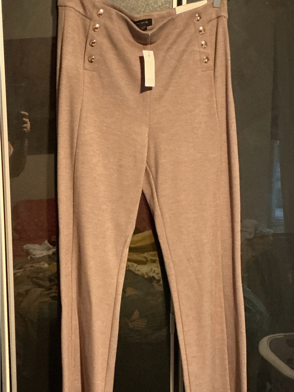 Ann Taylor Taupe Knit High-Waist Button Trouser